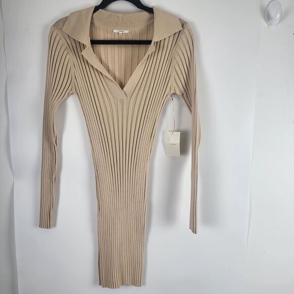 Tularosa Valen Mini Dress M Womens Beige Long Sleeve V Neck Ribbed Pull On NWT - Picture 3 of 16